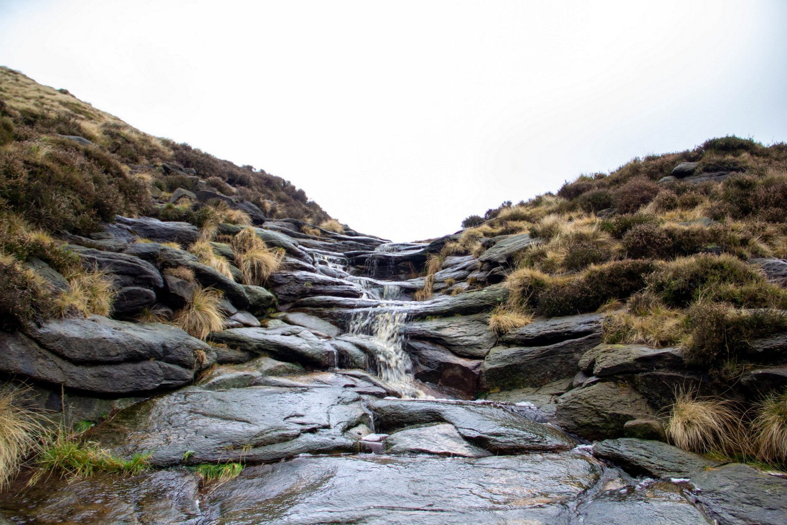 IMG_5577-2 Small waterfall flows down rocky steps surrounded by grassy hills under a cloudy sky.